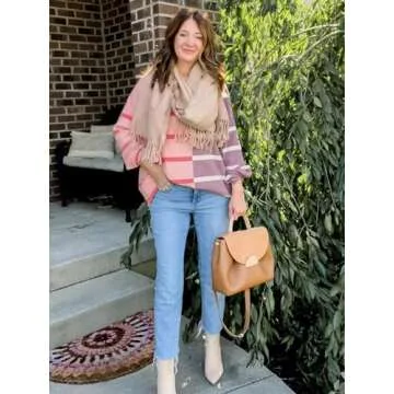 Fisoew Womens Striped Pullover Sweater Crew Neck Long Sleeve Knitted Color Block Casual Loose Lightweight Sweaters for Women