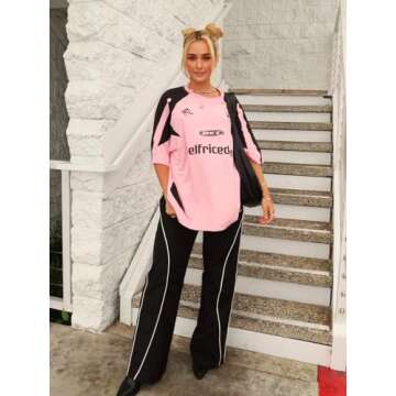 Aelfric Eden Graphic Tees for Women Oversized T Shirts Men Color Block Y2k Jersey Pink Summer Tops