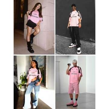 Aelfric Eden Graphic Tees for Women Oversized T Shirts Men Color Block Y2k Jersey Pink Summer Tops