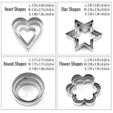 Mini Cookie Cutters Set of 12-4 Shapes - Heart, Flower, Star, Round Metal Cutter Mold for Baking, Fruit, Vegetable - Stainless Steel Biscuit Mold for Valentines Day