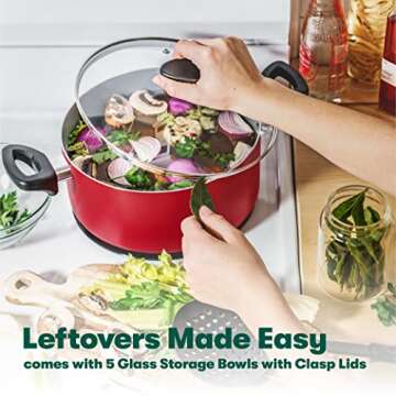 BELLA Cookware Set, 12 Piece Pots and Pans with Utensils, Nonstick Scratch Resistant Cooking Surface Compatible with All Stoves, Nylon and Aluminum, Red