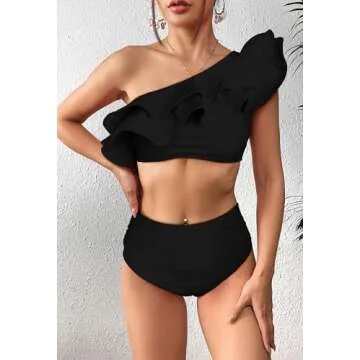 SPORLIKE One Shoulder Bikini - Flattering High Waisted Swimsuit