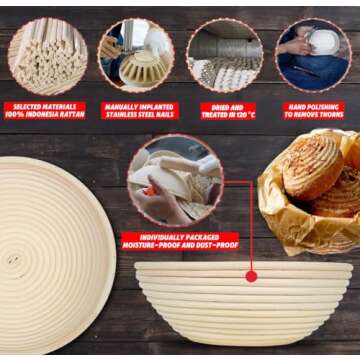 CZHZY Sourdough Bread Baking Supplies and Starter Kit, 9 Inch Round Banneton Bread Proofing Basket, Bread Making Tools with Linen Liner, Bread Lame, Starter Jar, Danish Whisk, Metal Scraper