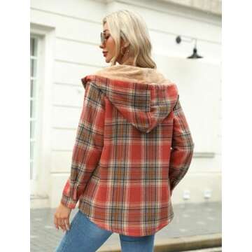 Zeagoo Womens Casual Jackets Winter Warm Plaid Hooded Jacket Teddy Bear Coat Button Down Long Sleeve Shacket Flannel Shirts Fall Coat