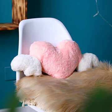 2 Pcs Plush Heart Shaped Pillow with Angel Wings Car Headrest Pillow Soft Comfortable Car Seat Pillow for Driving Travelling Room Office Car Decor, 19.7 x 8.3 Inch (Pink)