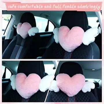 2 Pcs Plush Heart Shaped Pillow with Angel Wings Car Headrest Pillow Soft Comfortable Car Seat Pillow for Driving Travelling Room Office Car Decor, 19.7 x 8.3 Inch (Pink)