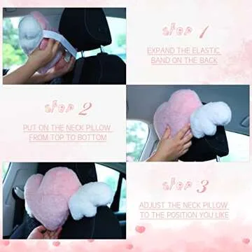 2 Pcs Plush Heart Shaped Pillow with Angel Wings Car Headrest Pillow Soft Comfortable Car Seat Pillow for Driving Travelling Room Office Car Decor, 19.7 x 8.3 Inch (Pink)