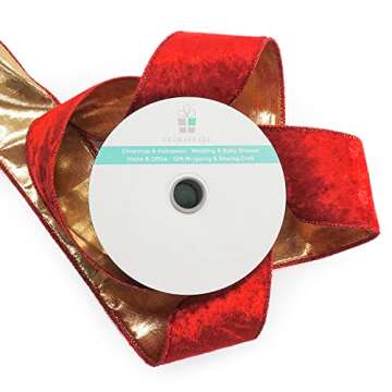 Red Velvet with Gold Metallic Backing Wired Ribbon 2.5 Inch x 10 Yards for Christmas Tree Topper Hom...