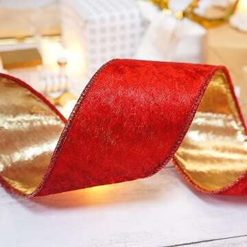 Red Velvet with Gold Metallic Backing Wired Ribbon 2.5 Inch x 10 Yards for Christmas Tree Topper Home Decoration Wreath Gift Wrapping DIY Craft