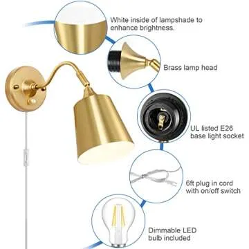 TRLIFE Dimmable Adjustable Gold Wall Sconce for Lighting