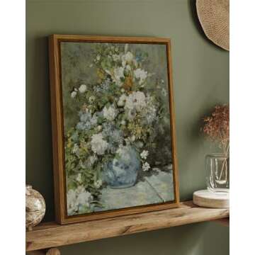 ARPEOTCY Floral Wall Art Prints, Vintage French Flower Framed Canvas Art Home Decor, Ceramic Vase Floral Oil Paintings for Living Room, Bathroom, Desktop Decor, 8"x10"