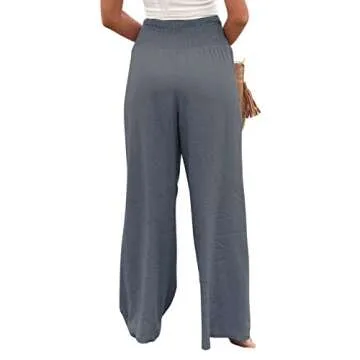 utcoco Womens Wide Leg Linen Palazzo Pants Casual Elastic Waisted Loose Fit Trousers (S, Grey)