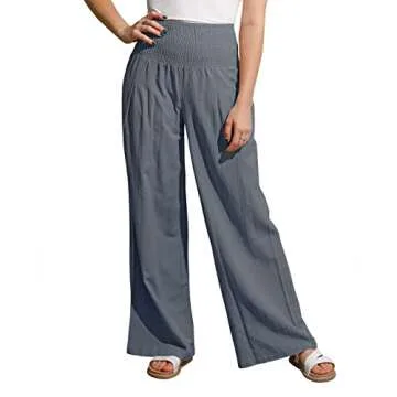 utcoco Womens Wide Leg Linen Palazzo Pants Casual Elastic Waisted Loose Fit Trousers (S, Grey)