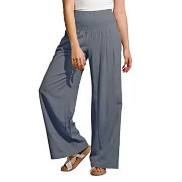 utcoco Womens Wide Leg Linen Palazzo Pants Casual Elastic Waisted Loose Fit Trousers (S, Grey)