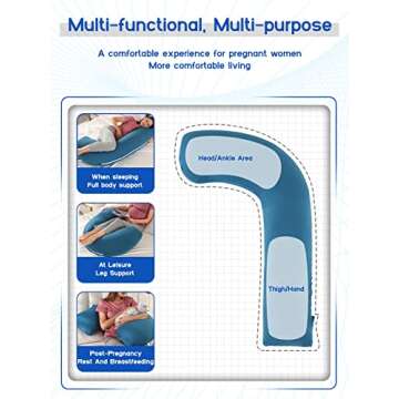 Wndy's Dream Pregnancy Pillow J Shaped Pregnancy Wedge Pillow Full Body Pillow with Removable Cover Soft Pregnancy Pillows for Side Sleeping Maternity Pillow for Pregnant Women Sleeping Support(Blue)