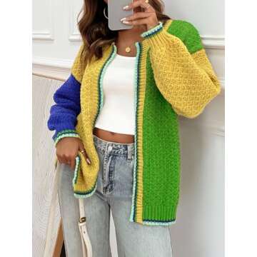 Saodimallsu Womens Color Block Cardigan Sweaters Open Front Chunky Knit Colorful Winter Sweater Coats Green