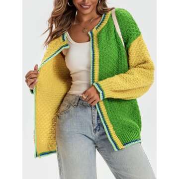 Saodimallsu Womens Color Block Cardigan Sweaters Open Front Chunky Knit Colorful Winter Sweater Coats Green