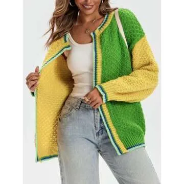 Saodimallsu Womens Color Block Cardigan Sweaters Open Front Chunky Knit Colorful Winter Sweater Coats Green