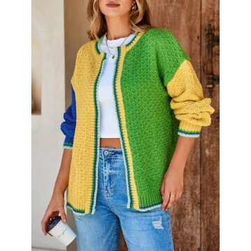 Saodimallsu Womens Color Block Cardigan Sweaters Open Front Chunky Knit Colorful Winter Sweater Coats Green