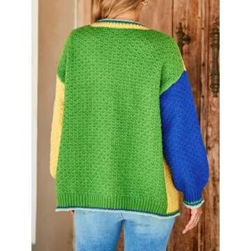Saodimallsu Womens Color Block Cardigan Sweaters Open Front Chunky Knit Colorful Winter Sweater Coats Green