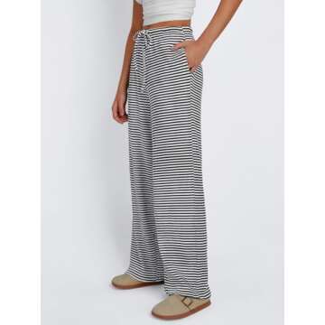 Trendy Queen Womens Striped Wide Leg Pants Casual Drawstring Elastic High Waisted Baggy Lounge Pajama Trouser Sweat Sweatpants with Pockets 2024 Fall Fashion Outfits Y2K Cute Clothes Black White M