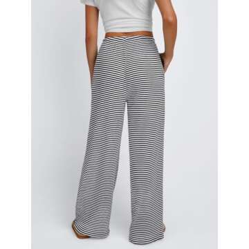 Trendy Queen Womens Striped Wide Leg Pants Casual Drawstring Elastic High Waisted Baggy Lounge Pajama Trouser Sweat Sweatpants with Pockets 2024 Fall Fashion Outfits Y2K Cute Clothes Black White M
