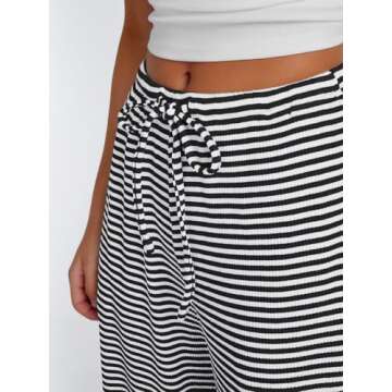 Trendy Queen Womens Striped Wide Leg Pants Casual Drawstring Elastic High Waisted Baggy Lounge Pajama Trouser Sweat Sweatpants with Pockets 2024 Fall Fashion Outfits Y2K Cute Clothes Black White M