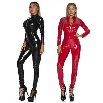 Women's Metallic Suit One Piece PU Leather Cat Suit Stretch Romper Suit Punk Rock Clubwear Long Sleeve Bodysuit Black US Size-XXXL