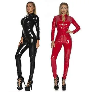 Women's Metallic Suit One Piece PU Leather Cat Suit Stretch Romper Suit Punk Rock Clubwear Long Sleeve Bodysuit Black US Size-XXXL