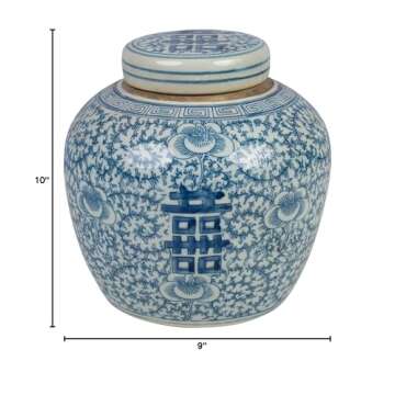 Blue and White Porcelain Double Happiness Flat Top Ginger Jar 9"