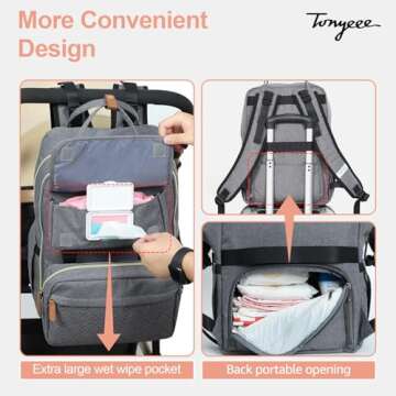 Tonyeee Diaper Bag Backpack Set, Baby Diaper Bag with Removable Cross Body Bag & Changing Pad, Travel Backpack for Women Men, Large Capacity, Waterproof, Grey