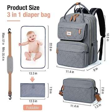 Tonyeee Diaper Bag Backpack Set, Baby Diaper Bag with Removable Cross Body Bag & Changing Pad, Travel Backpack for Women Men, Large Capacity, Waterproof, Grey
