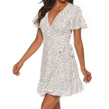 Naggoo Women's Sexy Deep V Neck Short Sleeve Wrap Ruffle Floral Printed Dress with Belt(L, White)