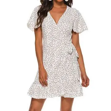 Naggoo Women's Sexy Deep V Neck Short Sleeve Wrap Ruffle Floral Printed Dress with Belt(L, White)