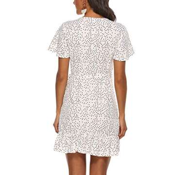 Naggoo Women's Sexy Deep V Neck Short Sleeve Wrap Ruffle Floral Printed Dress with Belt(L, White)