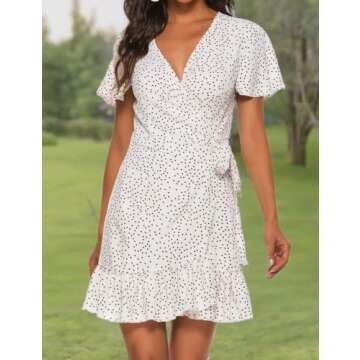 Naggoo Women's Sexy Deep V Neck Short Sleeve Wrap Ruffle Floral Printed Dress with Belt(L, White)