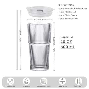 INSETLAN 20 oz Ribbed Glass Tumblers with Lids and Glass Straws – 4-Piece Glassware Set, Thickened...