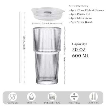 INSETLAN 20 oz Ribbed Glass Tumblers with Lids and Glass Straws – 4-Piece Glassware Set, Thickened...