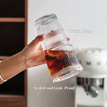 INSETLAN 20 oz Ribbed Glass Tumblers with Lids and Glass Straws – 4-Piece Glassware Set, Thickened Glass, Ideal for Iced Coffee, Smoothies, Cocktails, and Juices – Elegant and Durable Drinkware