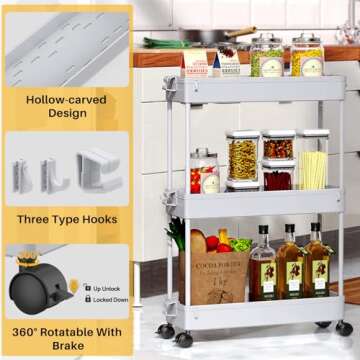 SPACEKEEPER Slim Rolling Storage Cart, 3 Tier Storage Organizer Laundry Room Organizer Mobile Shelvi...