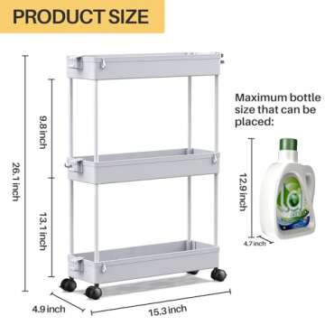 SPACEKEEPER Slim Rolling Storage Cart, 3 Tier Storage Organizer Laundry Room Organizer Mobile Shelving Unit, Multi-Purpose for Kitchen Office Bathroom Laundry Narrow Places, Gray