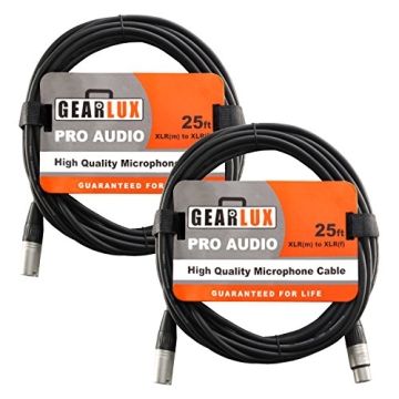 Gearlux XLR Microphone Cable Professional, Fully Balanced, Male to Female, 25 Feet - 2 Pack