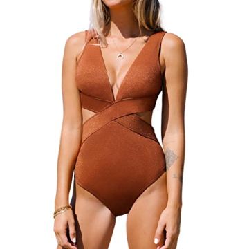 CUPSHE One Piece Swimsuit for Women Bathing Suit V Neck Cutout Sexy Swimwear Wide Straps Back Hook Shiny Texture M Saddle Brown