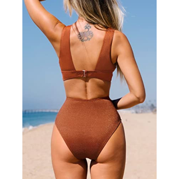 CUPSHE One Piece Swimsuit for Women Bathing Suit V Neck Cutout Sexy Swimwear Wide Straps Back Hook Shiny Texture M Saddle Brown