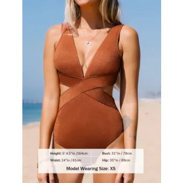 CUPSHE One Piece Swimsuit for Women Bathing Suit V Neck Cutout Sexy Swimwear Wide Straps Back Hook Shiny Texture M Saddle Brown