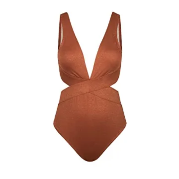 CUPSHE One Piece Swimsuit for Women Bathing Suit V Neck Cutout Sexy Swimwear Wide Straps Back Hook Shiny Texture M Saddle Brown