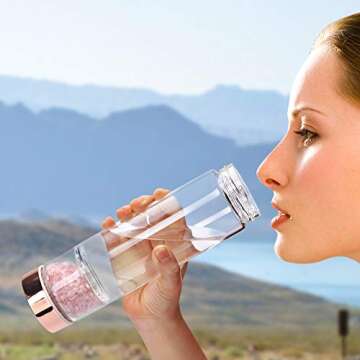 Yoption Crystal Water Bottle, Rose Quartz Healing Glass Water Bottle, Includes a Loose Leaf Tea Infu...