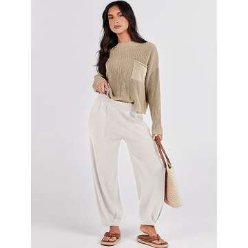 Caracilia Women's 2 Piece Outfits Sweater Sets Knit Pullover Loungewear Tops & Casual Pants Matching Tracksuit Sweatsuit 2023 Fashion Trendy Fall Travel Vacation ClothesC108A2qiankaqi-M, Khaki White