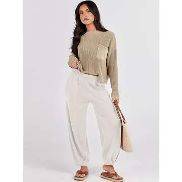 Caracilia Women's 2 Piece Outfits Sweater Sets Knit Pullover Loungewear Tops & Casual Pants Matching Tracksuit Sweatsuit 2023 Fashion Trendy Fall Travel Vacation ClothesC108A2qiankaqi-M, Khaki White