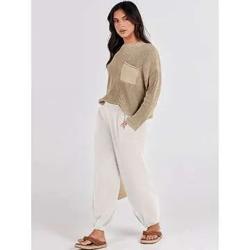 Caracilia Women's 2 Piece Outfits Sweater Sets Knit Pullover Loungewear Tops & Casual Pants Matching Tracksuit Sweatsuit 2023 Fashion Trendy Fall Travel Vacation ClothesC108A2qiankaqi-M, Khaki White